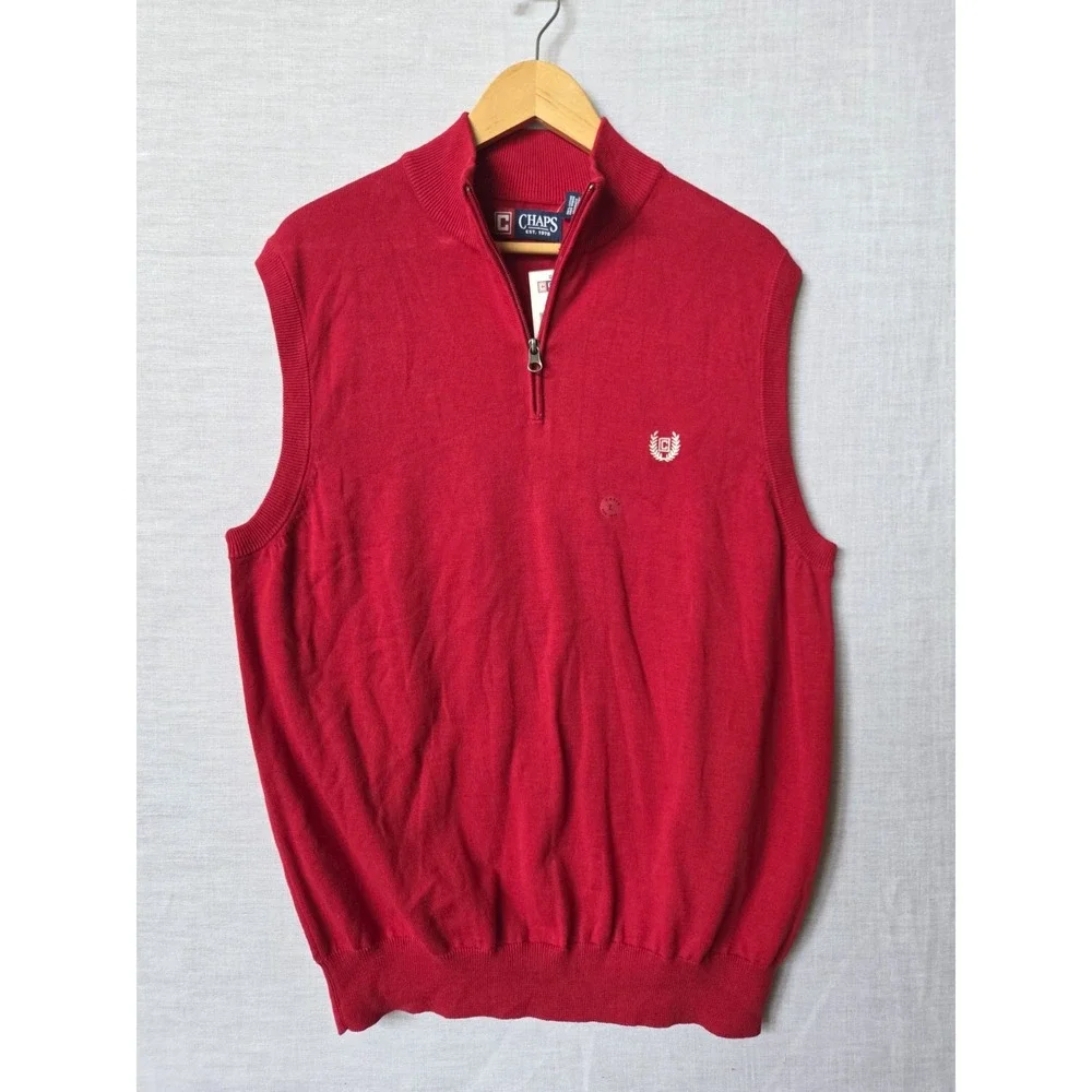 Chaps Sweater Vest Mens Lg Red Sleeveless Cotton Pullover 1/4 Zip Mock Neck NWT